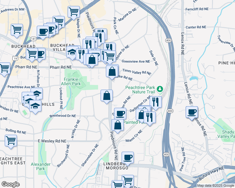 map of restaurants, bars, coffee shops, grocery stores, and more near 2862 Elliott Circle Northeast in Atlanta