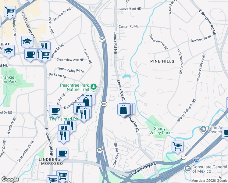 map of restaurants, bars, coffee shops, grocery stores, and more near 2914 Lenox Road Northeast in Atlanta
