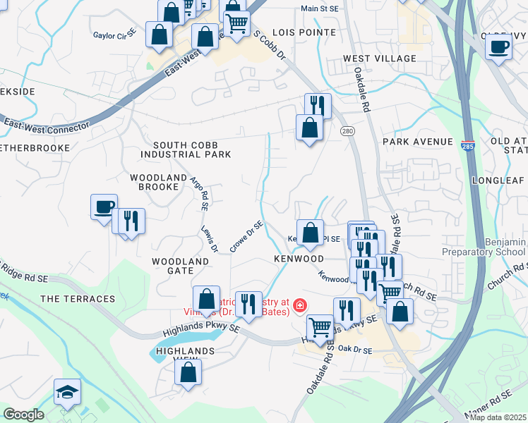 map of restaurants, bars, coffee shops, grocery stores, and more near 1869 Kenwood Road Southeast in Smyrna