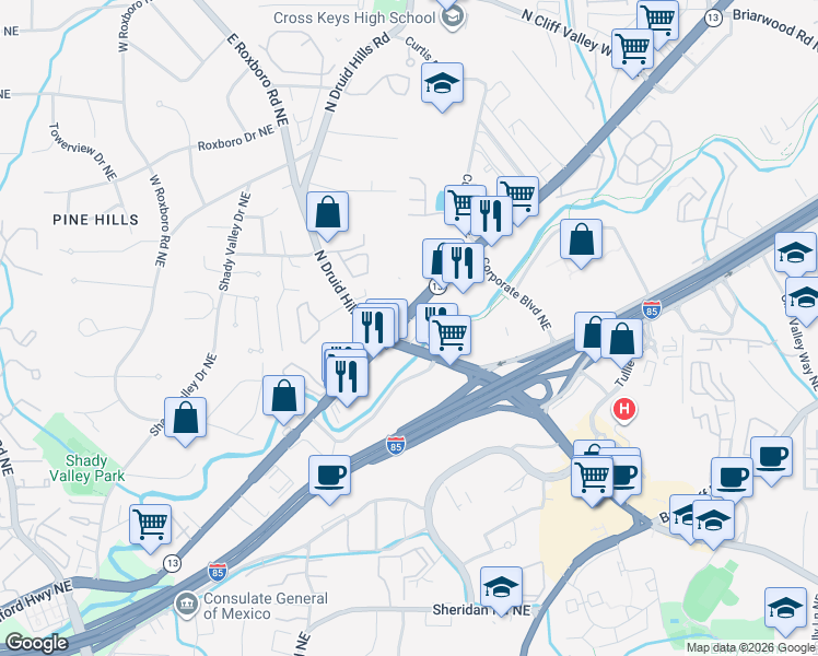 map of restaurants, bars, coffee shops, grocery stores, and more near 2945 Buford Highway Northeast in Atlanta