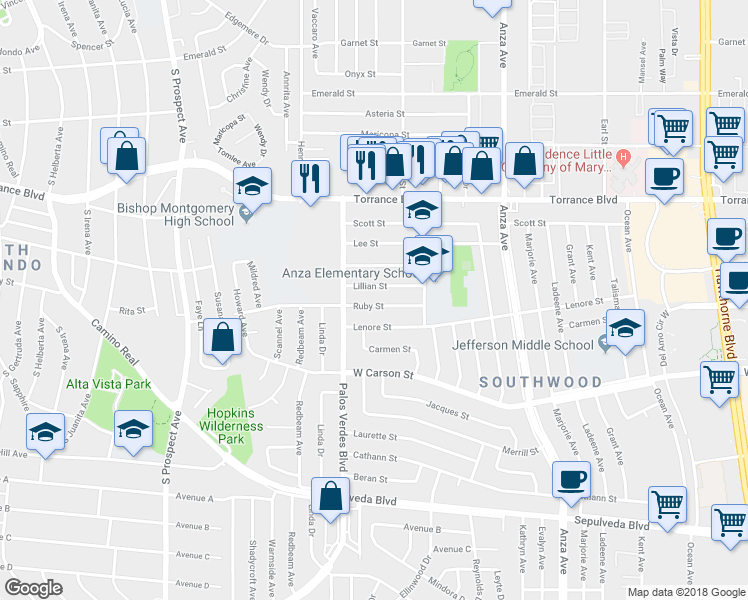 map of restaurants, bars, coffee shops, grocery stores, and more near 5207 Ruby Street in Torrance