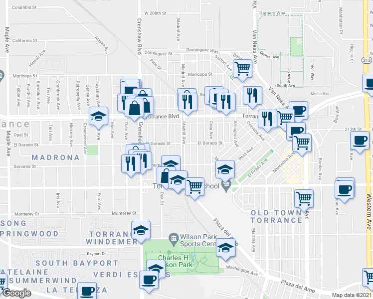 map of restaurants, bars, coffee shops, grocery stores, and more near 1414 Madrid Avenue in Torrance