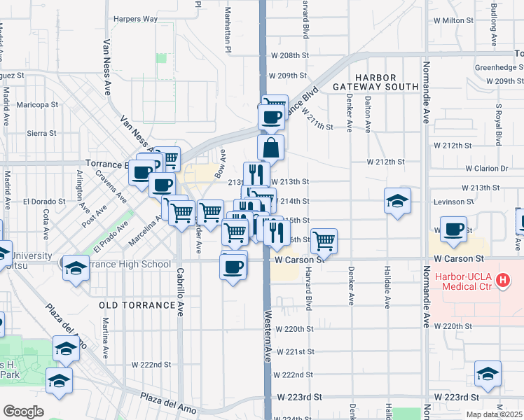 map of restaurants, bars, coffee shops, grocery stores, and more near 21515 California 213 in Torrance