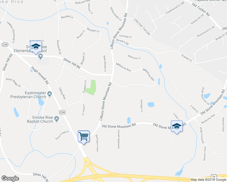 map of restaurants, bars, coffee shops, grocery stores, and more near 1803 Lilburn-Stone Mountain Road in Stone Mountain