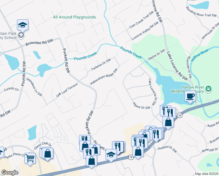 map of restaurants, bars, coffee shops, grocery stores, and more near 4851 Valley Dale Drive Southwest in Lilburn