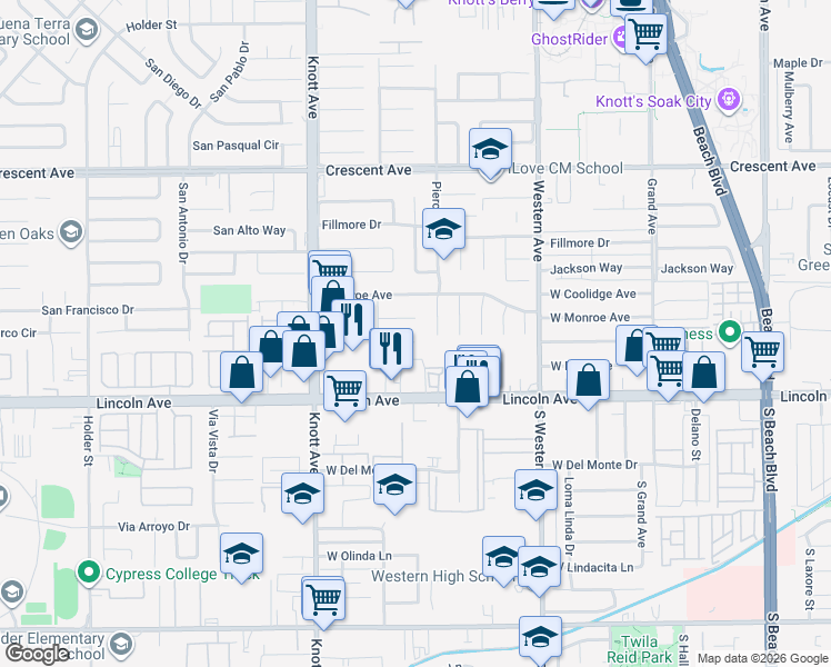 map of restaurants, bars, coffee shops, grocery stores, and more near 8881 Pierce Drive in Buena Park