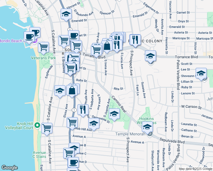 map of restaurants, bars, coffee shops, grocery stores, and more near 526 South Irena Avenue in Redondo Beach