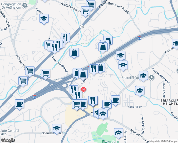map of restaurants, bars, coffee shops, grocery stores, and more near 1791 Tullie Circle Northeast in Atlanta