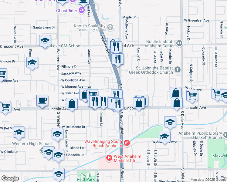 map of restaurants, bars, coffee shops, grocery stores, and more near 3120 Anacapa Way in Anaheim