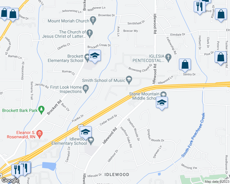 map of restaurants, bars, coffee shops, grocery stores, and more near 4112 Stutz Court in Tucker