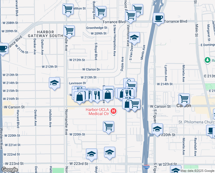 map of restaurants, bars, coffee shops, grocery stores, and more near 21409 Broadwell Avenue in Torrance