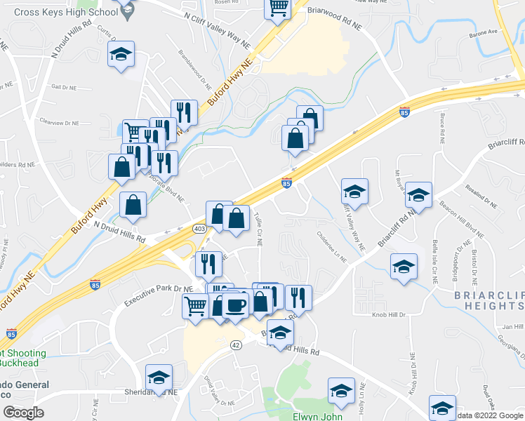 map of restaurants, bars, coffee shops, grocery stores, and more near 1791 Tullie Circle Northeast in Atlanta