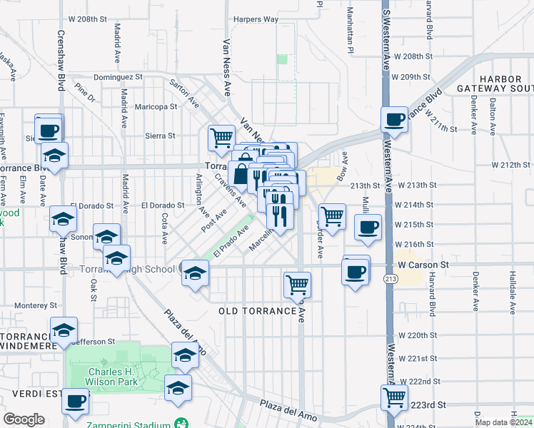 map of restaurants, bars, coffee shops, grocery stores, and more near 1340 El Prado Avenue in Torrance