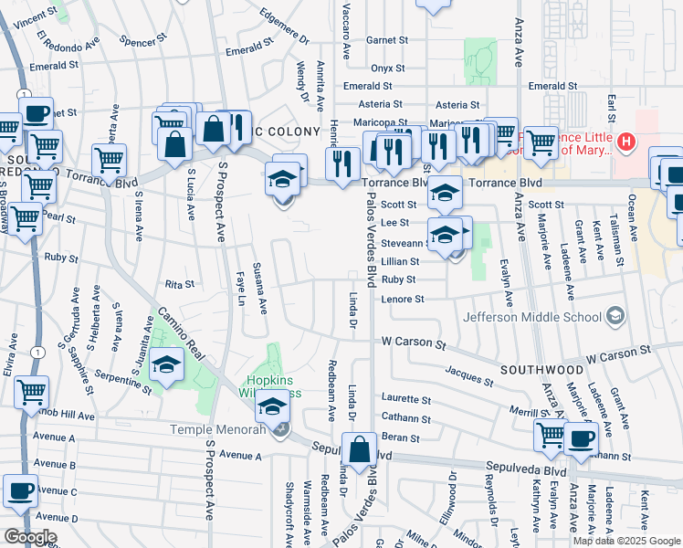 map of restaurants, bars, coffee shops, grocery stores, and more near 5401 Ruby Street in Torrance