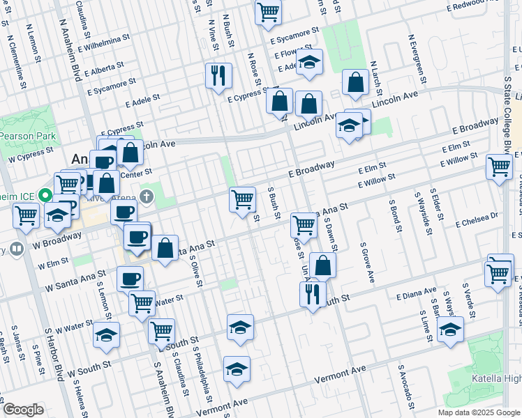 map of restaurants, bars, coffee shops, grocery stores, and more near 400 South Vine Street in Anaheim