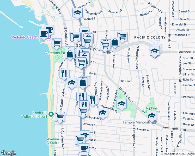 map of restaurants, bars, coffee shops, grocery stores, and more near 506 South Gertruda Avenue in Redondo Beach