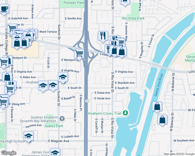 map of restaurants, bars, coffee shops, grocery stores, and more near 560 South Chantilly Street in Anaheim