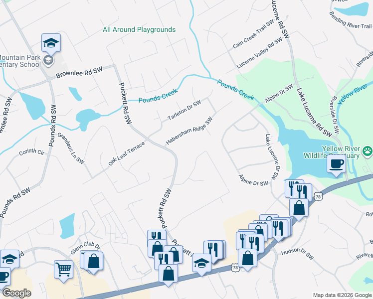 map of restaurants, bars, coffee shops, grocery stores, and more near 1842 Valley Dale Drive Southwest in Lilburn