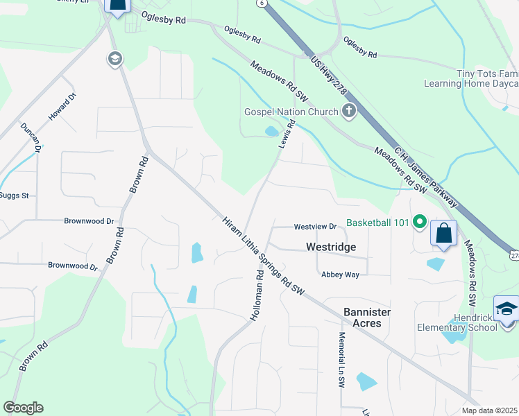 map of restaurants, bars, coffee shops, grocery stores, and more near 4891 Lewis Road in Powder Springs