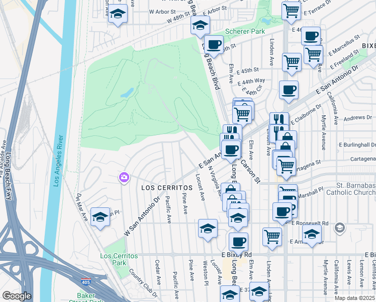 map of restaurants, bars, coffee shops, grocery stores, and more near 4250 Locust Avenue in Long Beach