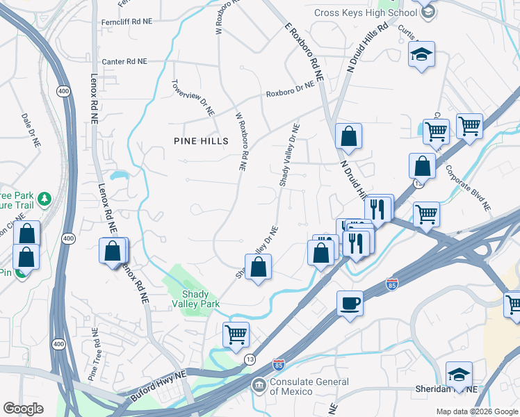 map of restaurants, bars, coffee shops, grocery stores, and more near 1008 Shady Valley Place in Atlanta