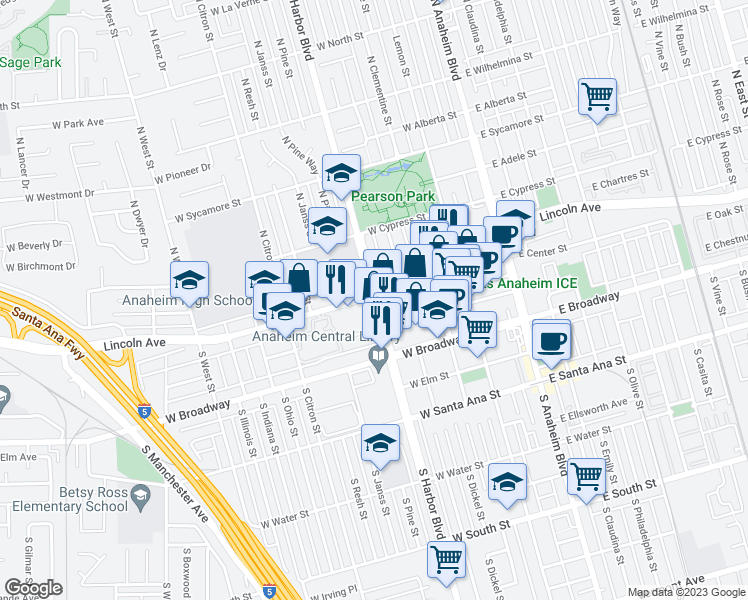 map of restaurants, bars, coffee shops, grocery stores, and more near 1129 South Harbor Boulevard in Anaheim