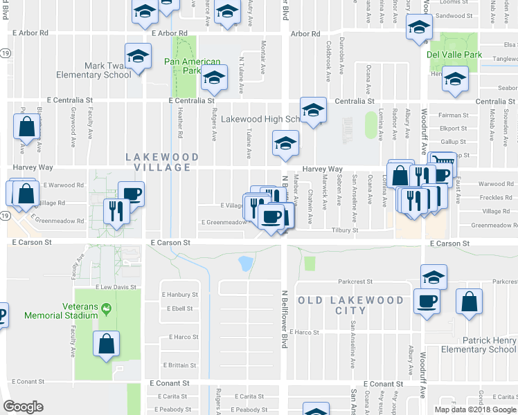 map of restaurants, bars, coffee shops, grocery stores, and more near 4205 Montair Avenue in Long Beach