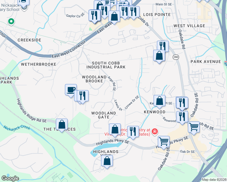 map of restaurants, bars, coffee shops, grocery stores, and more near 4900 Argo Court in Smyrna