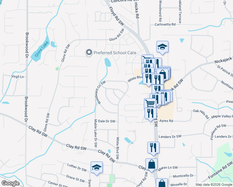 map of restaurants, bars, coffee shops, grocery stores, and more near 4908 Sugar Valley Road in Mableton