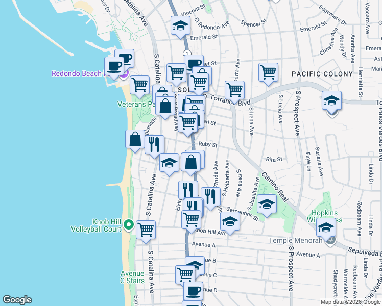 map of restaurants, bars, coffee shops, grocery stores, and more near 513 South Pacific Coast Highway in Redondo Beach