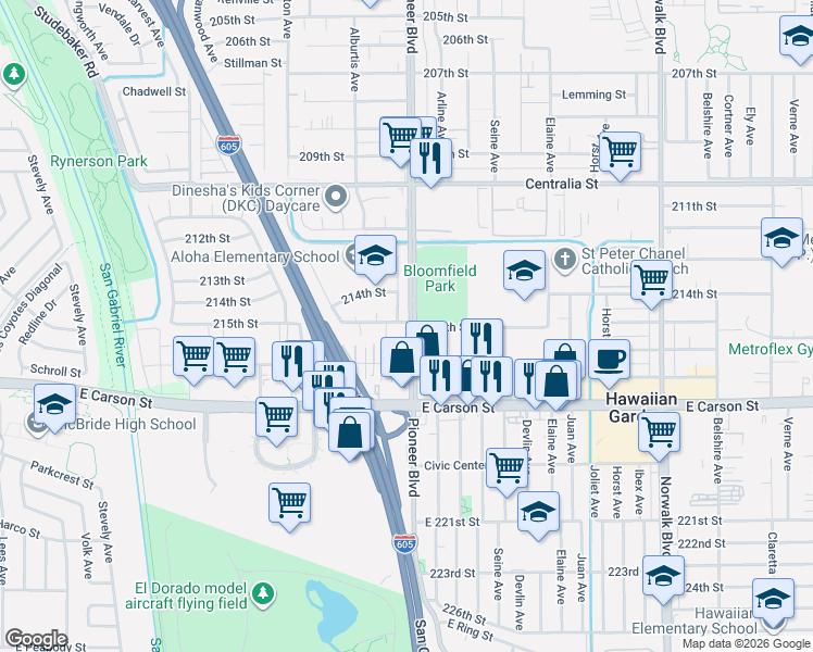 map of restaurants, bars, coffee shops, grocery stores, and more near 21501 Pioneer Boulevard in Lakewood