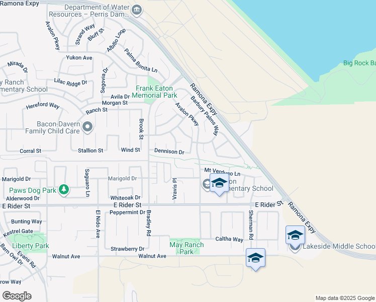 map of restaurants, bars, coffee shops, grocery stores, and more near 3428 Saint Austell Way in Perris