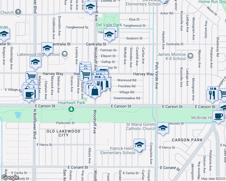 map of restaurants, bars, coffee shops, grocery stores, and more near 6007 Village Road in Lakewood