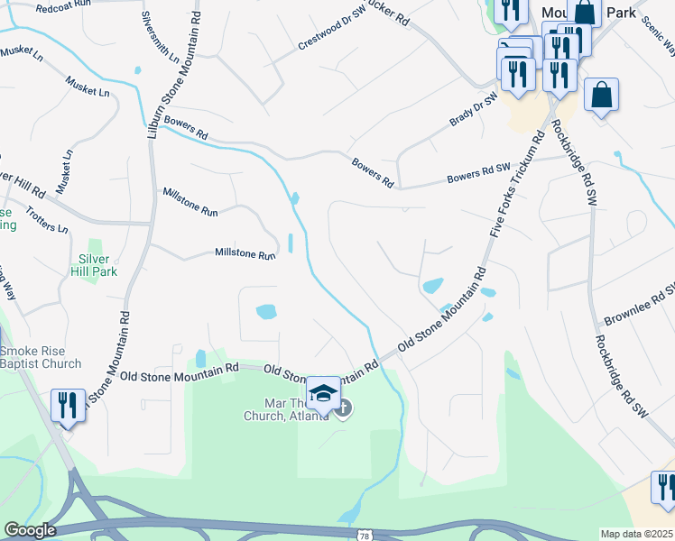 map of restaurants, bars, coffee shops, grocery stores, and more near 1758 East Gate Drive in Stone Mountain