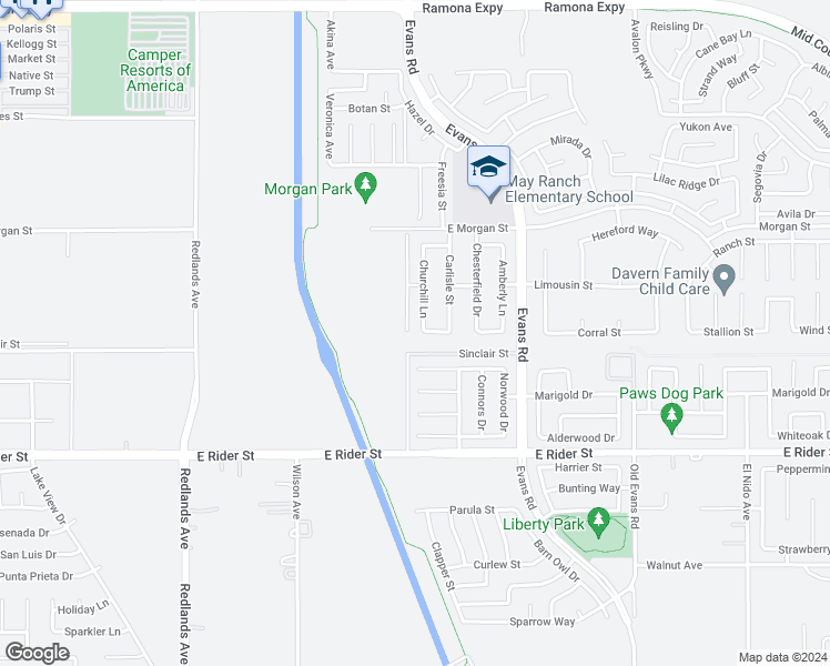 map of restaurants, bars, coffee shops, grocery stores, and more near 3402 Churchill Lane in Perris