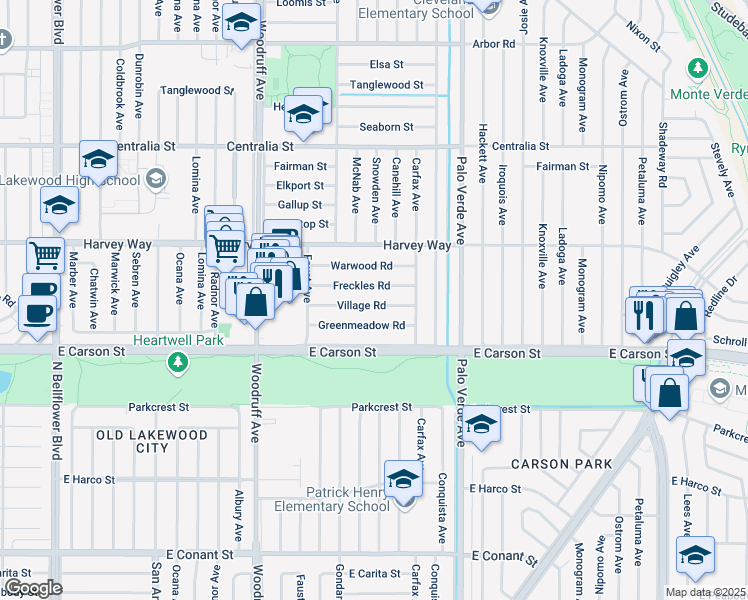 map of restaurants, bars, coffee shops, grocery stores, and more near 6137 Village Road in Lakewood