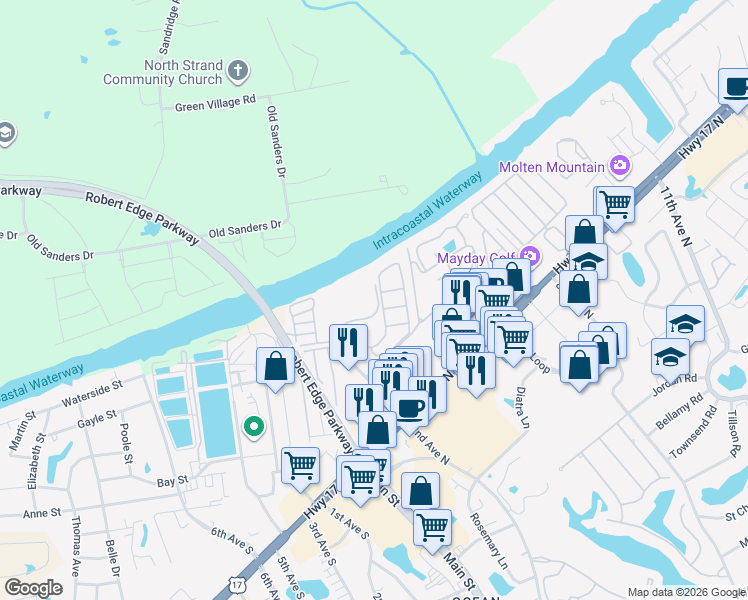 map of restaurants, bars, coffee shops, grocery stores, and more near 215 Landing Road in North Myrtle Beach