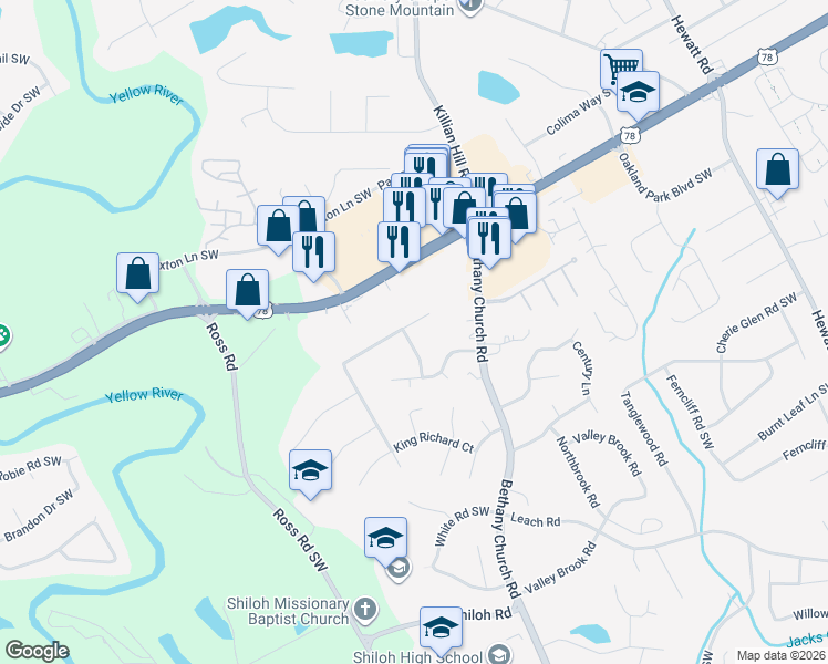map of restaurants, bars, coffee shops, grocery stores, and more near 2252 Wellington Hills Way in Snellville