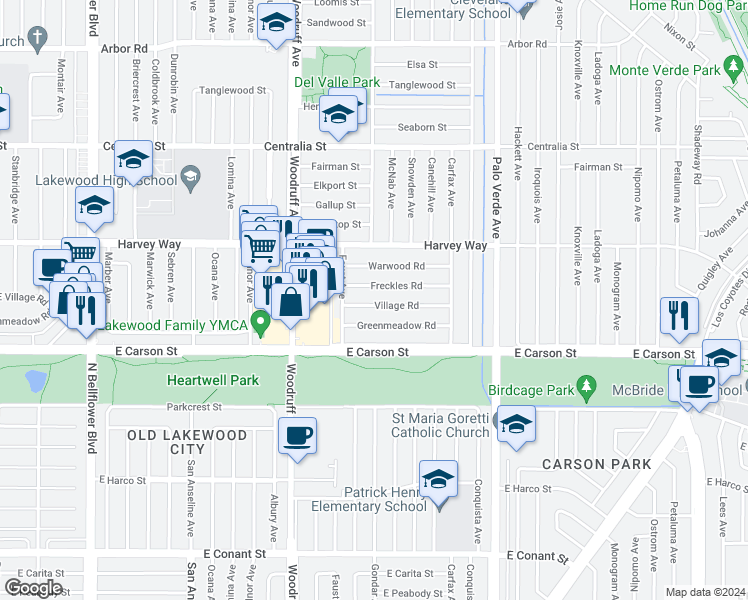 map of restaurants, bars, coffee shops, grocery stores, and more near 6039 Village Rd in Lakewood