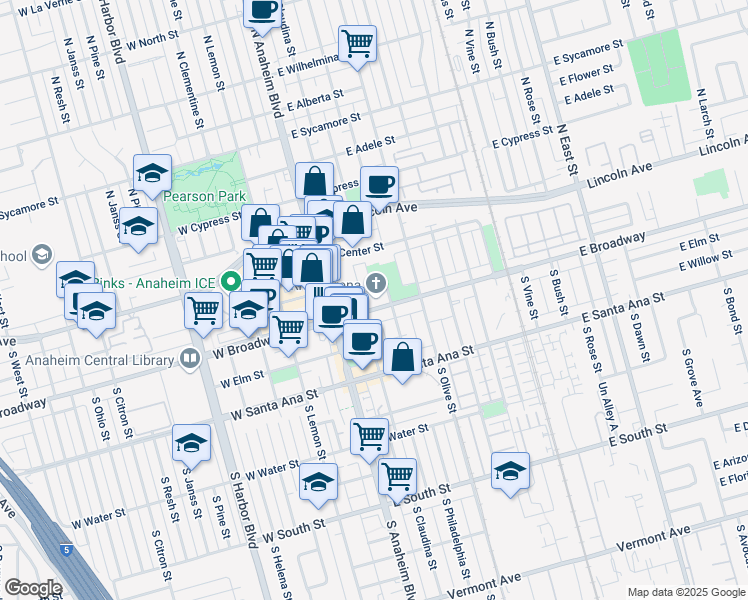 map of restaurants, bars, coffee shops, grocery stores, and more near 201 East Broadway in Anaheim