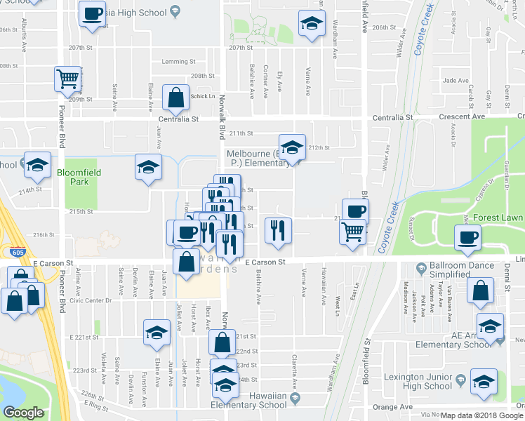 map of restaurants, bars, coffee shops, grocery stores, and more near 21500 Belshire Avenue in Hawaiian Gardens