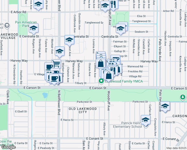 map of restaurants, bars, coffee shops, grocery stores, and more near 4161 Lomina Avenue in Lakewood