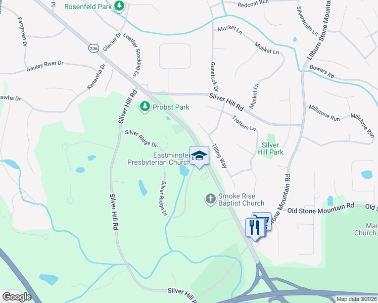 map of restaurants, bars, coffee shops, grocery stores, and more near 5888 Silver Ridge Drive in Stone Mountain