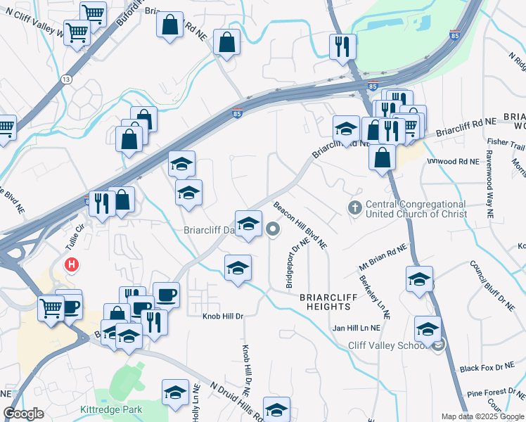 map of restaurants, bars, coffee shops, grocery stores, and more near 2873 Briarcliff Road Northeast in Atlanta