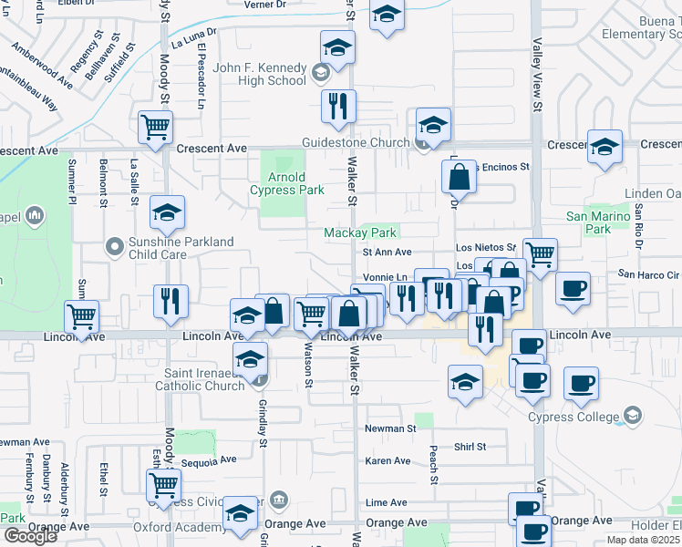 map of restaurants, bars, coffee shops, grocery stores, and more near 5430 Brittany Way in Cypress