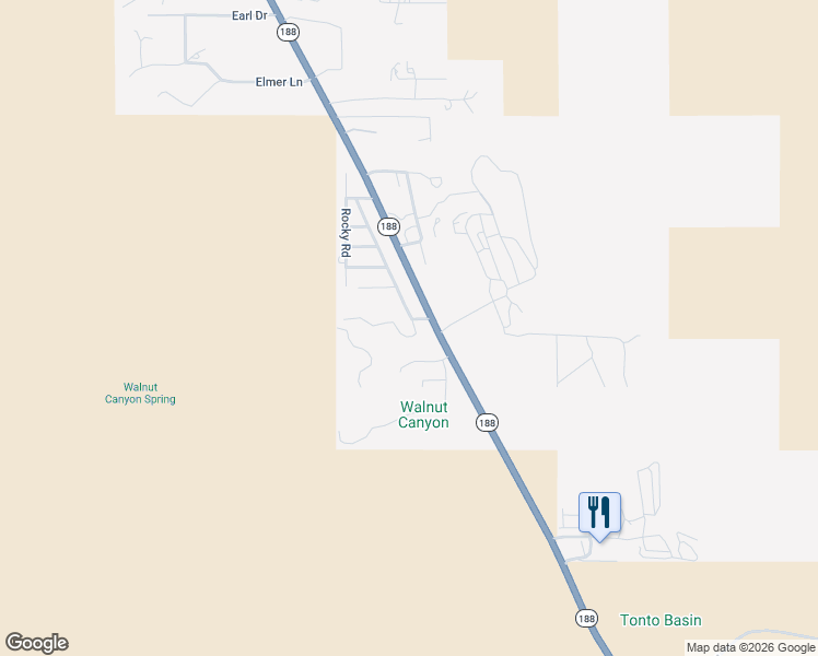 map of restaurants, bars, coffee shops, grocery stores, and more near 188 North Walnut Springs Road in Tonto Basin