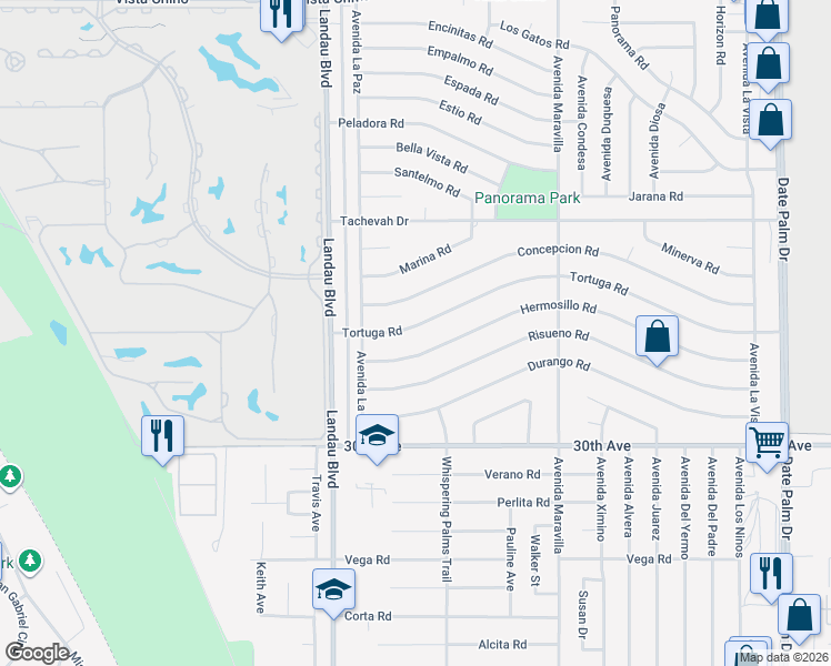 map of restaurants, bars, coffee shops, grocery stores, and more near 68165 Tortuga Road in Cathedral City