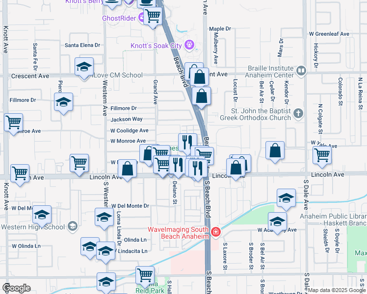map of restaurants, bars, coffee shops, grocery stores, and more near 205 Santa Maria Street in Anaheim