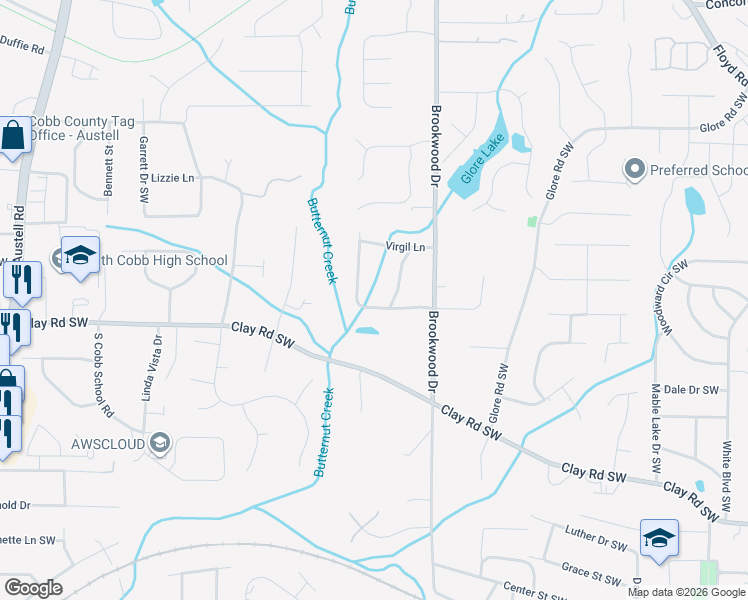 map of restaurants, bars, coffee shops, grocery stores, and more near 4880 Woodbrook Drive in Mableton
