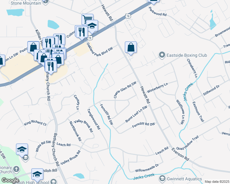 map of restaurants, bars, coffee shops, grocery stores, and more near 3867 Cherie Glen Road Southwest in Snellville